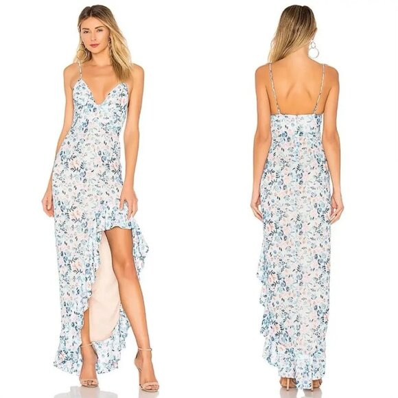 NEW Lovers + Friends Ahamani Meadow Floral Gown Revolve Blue Hi-Low Size Small - Picture 1 of 9